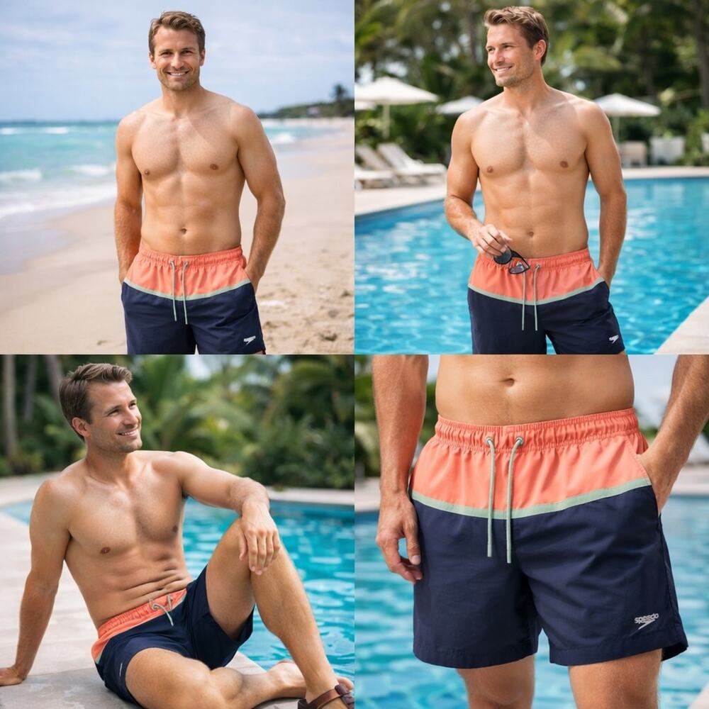 Speedo Men's Colorblock Swim Shorts Navy Blue Coral M Drawstring Pockets